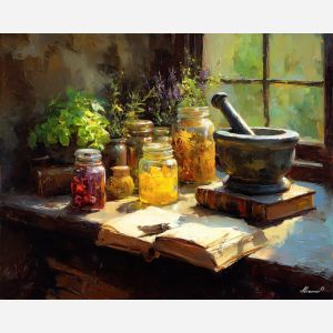 renaissance still life, herbal jars painting, mortar pestle art, aged books still life, warm window light, classical table setup, historic apothecary art