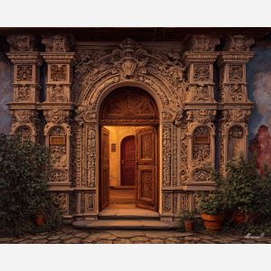 carved wood doorway, renaissance craftsmanship art, warm interior glow, ornamental wood design, classical door frame painting