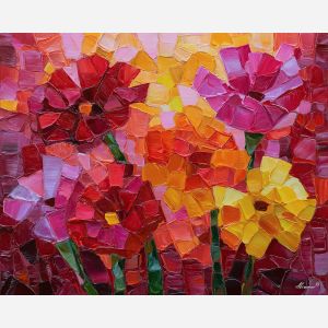 cubism flowers, geometric petals, angular blooms, fragmented floral art, red pink yellow palette, abstract cubist garden, crystalline flower shapes