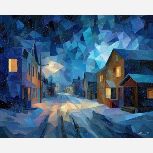 cubism winter, geometric snowflakes, angular houses painting, blue night palette, abstract snowfall, polygon shapes art
