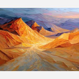 cubism desert, geometric dunes, fractured amber light, abstract sand landscape, angular terrain blocks, cubist heat mirage