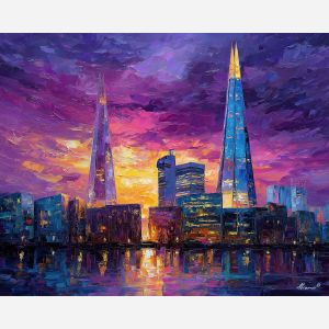 cubism twilight city, geometric skyscrapers, violet skyline painting, angular high rise forms, abstract urban lights