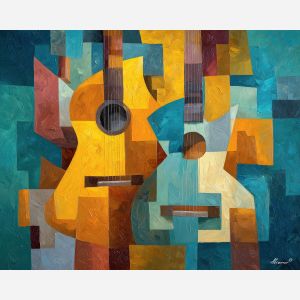 cubism guitar, fragmented instrument, ochre sienna palette, geometric music art, broken shape composition, palette knife cubism