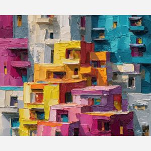 cubism skyline, geometric buildings, magenta sky art, abstract city blocks, angular architecture cubism, bold color palette