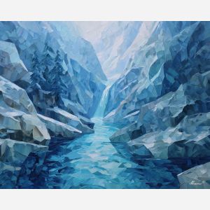 cubism waterfall, geometric water shards, crystalline blue gradient, abstract water painting, angular nature art, palette knife cubism