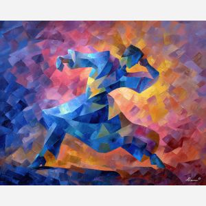 cubism dancer, geometric figure movement, fragmented dance pose, angular body shapes, rose sapphire gold palette, abstract motion art