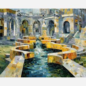 cubism fountain, geometric water arcs, angular city feature, fragmented droplets, abstract public square art, palette knife cubism