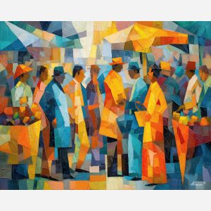 cubism market, geometric crowd, colorful planes painting, fragmented shop stalls, bright mosaic appearance, abstract commerce scene