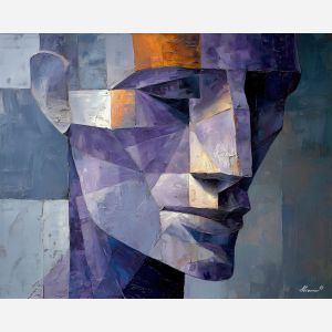 cubism portrait, fragmented human form, geometric figure art, abstract portrait planes, violet rust palette, faceless cubist figure, fractured contours