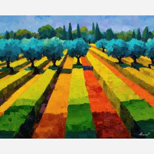 cubism orchard, geometric trees, color block landscape, rhythmic rows art, coral gold green palette, abstract agricultural scene