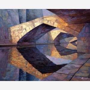 cubism bridge, geometric stone structure, angular slabs art, fragmented water reflections, abstract architectural painting