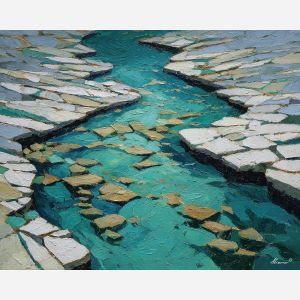 cubism river, polygon water forms, fragmented current painting, angular stones, teal landscape palette, abstract water movement
