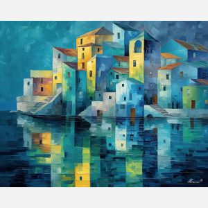 cubism seaside town, geometric houses, fragmented ocean reflections, abstract coastal village, angular architecture, palette knife cubism