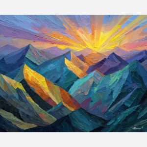 cubism mountain, fractured sunlight art, geometric peaks painting, yellow orange beams, abstract layered mountains