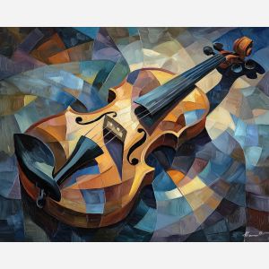 cubism violin, fragmented instrument art, musical cubism, angular brown shapes, bronze color blocks, instrument abstraction, geometric music painting