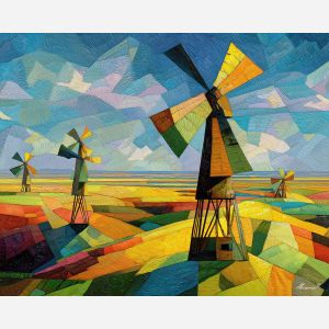 cubism windmill, geometric blades, tiled fields painting, abstract rural landscape, angular farmland, fragmented countryside