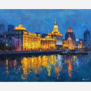 Shanghai Bund, golden evening light, European-style buildings China, waterfront skyline, Huangpu River reflections, modern skyscraper backdrop, historic architecture Shanghai, palette-knife city scene, warm gold facades, Bund skyline China, glowing riverfront, old meets new China, iconic Shanghai waterfront, sunset Bund view, illuminated buildings, China heritage district, city sunset reflection, golden architecture, Bund district, yellow glow cityscape