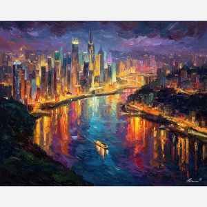 Chongqing skyline, river confluence, Yangtze night, Jialing River, neon city lights, steep hillside city, Chongqing nightscape, glowing skyscrapers China, colorful reflections, palette-knife night, mountainous city China, city along rivers, neon glow water, vibrant river lights, dramatic urban landscape, illuminated waterfront, megacity China, steep cityscape, river reflections China, electric colors