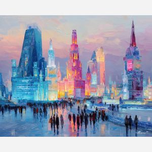 Harbin ice city, neon ice sculptures, winter festival China, crystal palaces, glowing ice towers, blue and pink lights, frozen nightscape, palette-knife ice texture, winter architecture, colorful ice buildings, illuminated snow city, Harbin festival glow, ice lanterns China, radiant ice structures, cold neon night, winter China art, frozen landscape, ice architecture China, icy blue glow, winter lights festival