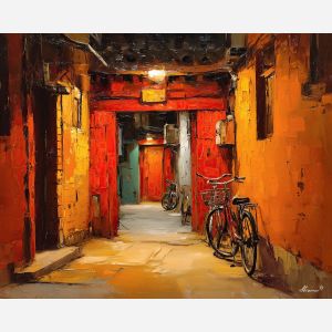 Beijing hutong, traditional alley China, red doorways, amber evening light, narrow hutong path, old Beijing scene, bicycles China, historic neighborhood, warm glow alley, palette-knife hutong, ancient streets Beijing, cultural China alley, quiet hutong path, Beijing life scene, door lantern reflections, traditional homes China, hutong sunset glow, hutong courtyard district, warm historic street, Beijing heritage