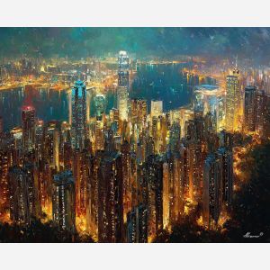 Hong Kong skyline, Victoria Peak view, skyscraper panorama, night city lights, Hong Kong harbor, teal reflections, golden towers, iconic Hong Kong, dense cityscape, neon glow, palette-knife skyline, harbor lights, high-rise towers, Asian metropolis, city at night, warm and cool contrast, Hong Kong nightscape, glowing harbor, city panorama China, vibrant lights