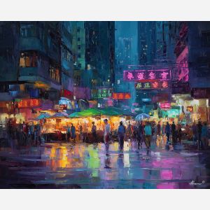 Hong Kong Temple Street, neon rain reflections, street market night, pink and blue signs, wet pavement glow, bustling night market, palette-knife neon, Kowloon market, vibrant HK night, glowing street signs, rain-soaked reflections, Hong Kong nightlife, neon-lit alley, colorful market stalls, crowded night scene, urban rain reflections, iconic HK market, neon glow China, wet night street, electric colors