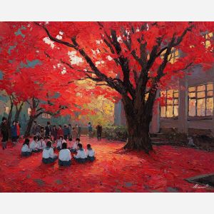 anime schoolyard, autumn leaves art, red foliage ground, big tree gathering, dusk sky painting, school life anime, warm orange palette, end of day scene, nostalgic youth mood