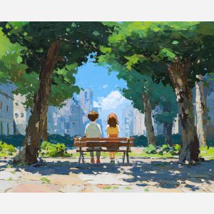 anime park scene, city trees art, dappled light painting, park bench moment, slice of life mood, soft green palette, skyline background, quiet conversation, youth friendship