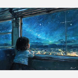 anime train scene, night journey art, starry sky reflection, city lights streak, introspective character, travel atmosphere, blue purple palette, moving train window, dreamy anime mood, palette knife night sky