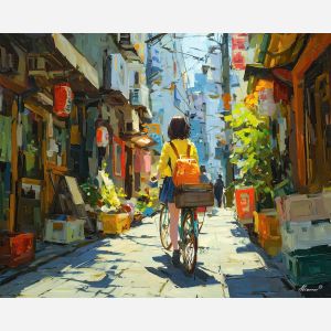 anime bike ride, narrow city streets, early morning sun, small shopfronts, slice of life travel, warm light palette, urban bicycle scene, relaxed commute
