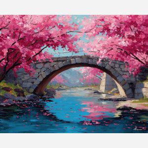 anime river, stone bridge art, spring cherry petals, soft green banks, pastel spring sky, tranquil water scene, romantic anime mood, pink white blossoms