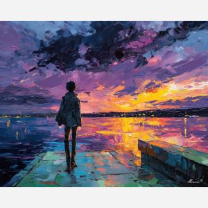 anime lakeside, evening wind art, fluttering jacket, calm water ripples, twilight sky painting, contemplative mood, blue orange gradient, reflective character moment