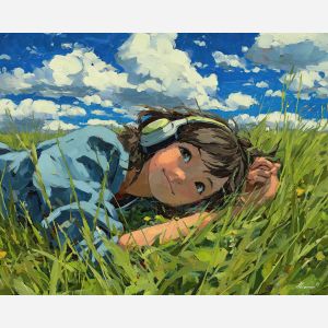 anime meadow, tall grass art, headphones character, peaceful sky clouds, relaxed summer scene, soft green palette, gentle wind mood, slice of life nature