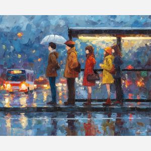 anime bus stop, heavy rain scene, blurred headlights art, waiting in shelter, gray blue mood, reflective puddles, urban slice of life, wet street reflections