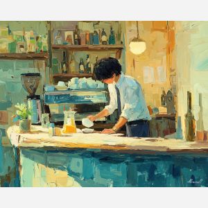 anime cafe, barista character, warm afternoon light, cozy coffee shop art, city corner scene, slice of life painting, relaxed social mood, wooden furniture, gentle sun glow