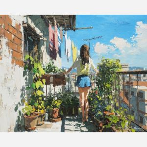 anime balcony, morning sunlight art, potted plants scene, hanging laundry painting, daily life anime, soft warm palette, city apartment view, relaxed morning stretch