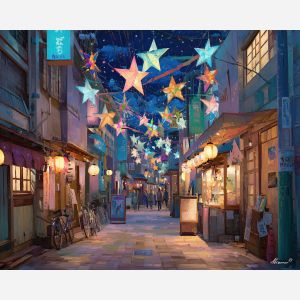 anime shopping street, paper stars decorations, lantern lit alley, colorful banners art, festive evening scene, warm yellow glow, busy anime city, celebration mood