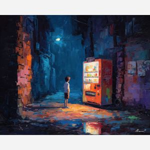 anime vending machine, night alley art, glowing machine light, rainy puddle reflections, moody blue tones, solitary character scene, neon accent painting