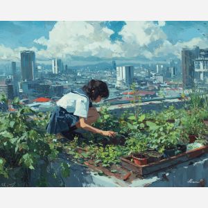 anime rooftop garden, skyscraper background, city plants art, gardening character, soft sky clouds, urban oasis scene, green city palette, relaxed lifestyle anime
