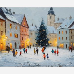 anime winter town, snow play art, decorated tree scene, holiday square painting, warm window lights, cozy festive mood, soft snow palette, seasonal anime atmosphere