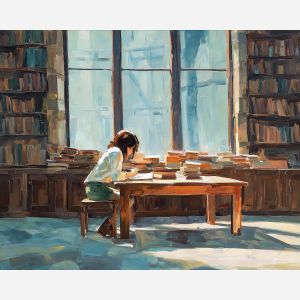 anime library, reading student art, tall windows light, wooden table scene, bookshelves painting, quiet study mood, warm filtered light, academic anime vibe