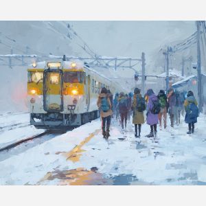 anime winter, snowy platform art, train station painting, commuters with scarves, warm train lights, cold blue atmosphere, soft falling snow, travel mood, city winter anime