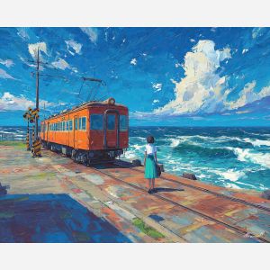 anime seaside, train crossing art, ocean waves painting, coastal railroad, calm blue sea, slice of life travel, warm sky horizon, reflective character scene