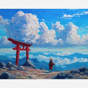 anime mountain temple, red torii gate art, high altitude clouds, blue mountain range, spiritual scene, peaceful anime landscape, sky horizon view, shrine pathway, calm atmosphere, fantasy travel vibe