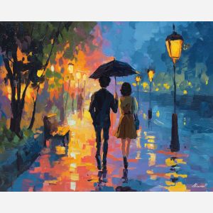 anime rain scene, couple under umbrella, lantern lit street, warm reflections, romantic walk, wet cobblestones art, evening glow palette, cozy anime vibe, gentle drizzle painting, city romance illustration