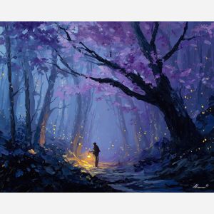 anime forest, misty trees art, spirit lights painting, lantern glow, fantasy woodland path, mysterious atmosphere, green blue palette, magical anime scene, quiet exploration, palette knife foliage