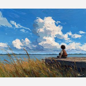 anime riverside, pier sitting scene, tall grass wind, drifting clouds, peaceful summer day, blue sky painting, slice of life anime, reflective quiet mood, countryside river art