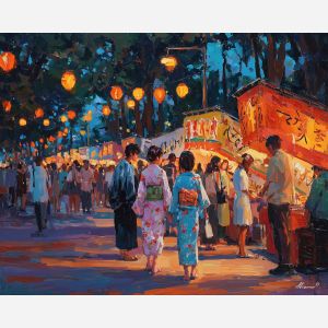 anime festival, yukata outfits, glowing lanterns art, summer night market, food stalls painting, game stands, warm festive palette, Japanese matsuri scene, joyful crowd, night celebration