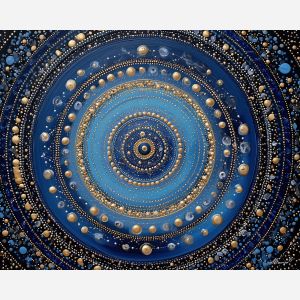 cosmic mandala, orbital rings pattern, dot geometry art, blue gold silver palette, celestial symmetry design, planet orbit motif