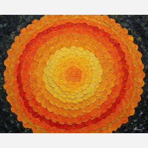 marigold mandala, yellow floral pattern, layered petal symmetry, warm flower circle, botanical bloom art, radiant yellow palette, petal mandala design